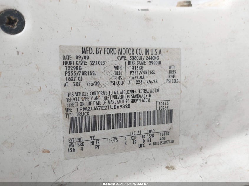 2001 Ford Explorer Sport Trac VIN: 1FMZU67E21UB69328 Lot: 43433155