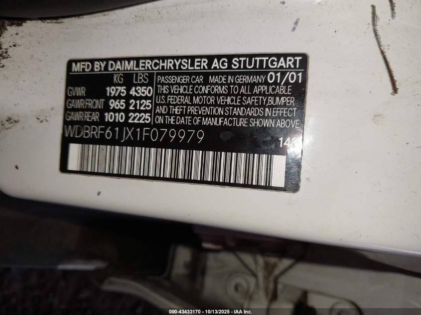 2001 Mercedes-Benz C 240 VIN: WDBRF61JX1F079979 Lot: 43433170