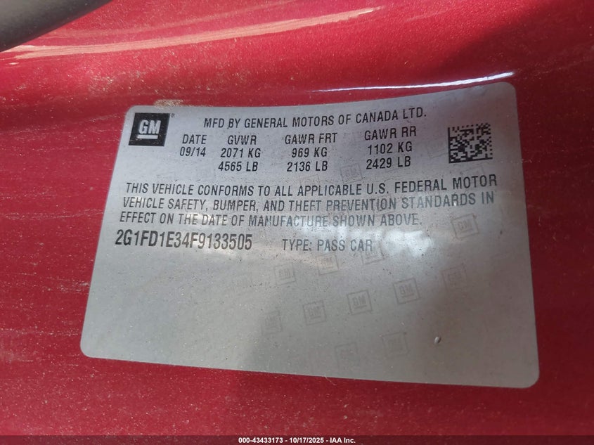 2015 CHEVROLET CAMARO 1LT 2G1FD1E34F9133505