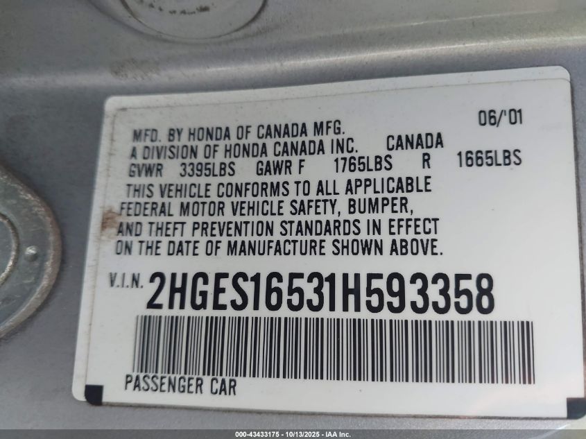 2001 Honda Civic Lx VIN: 2HGES16531H593358 Lot: 43433175