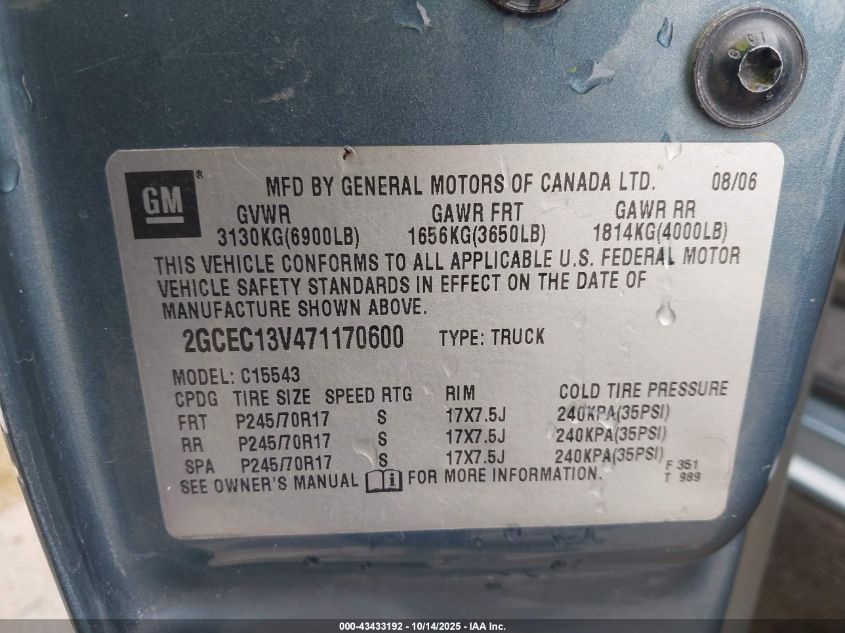 2007 Chevrolet Silverado 1500 Classic Ls VIN: 2GCEC13V471170600 Lot: 43433192