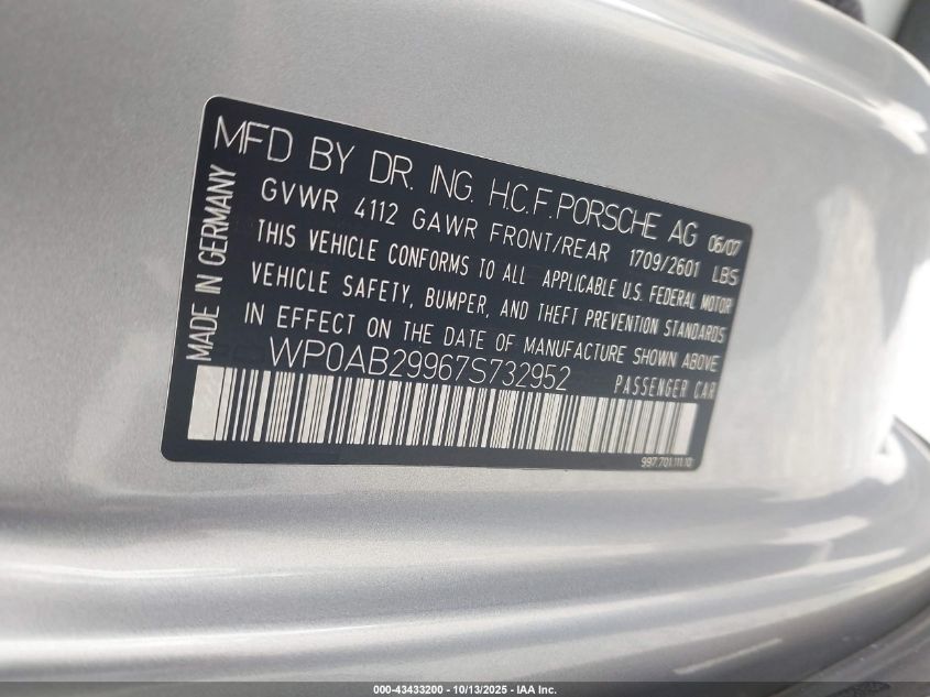2007 Porsche 911 Carrera 4S/Carrera S VIN: WP0AB29967S732952 Lot: 43433200