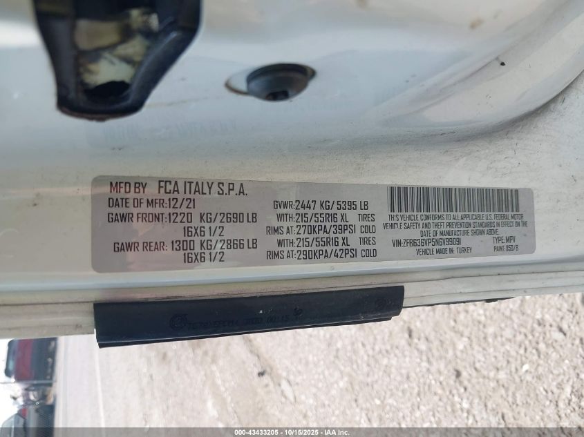 2022 Ram Promaster City Cargo Van VIN: ZFB636VP5N6V99091 Lot: 43433205