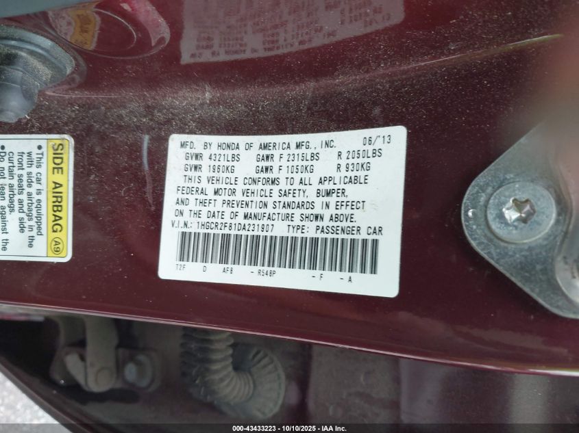 2013 Honda Accord Ex-L VIN: 1HGCR2F81DA231907 Lot: 43433223