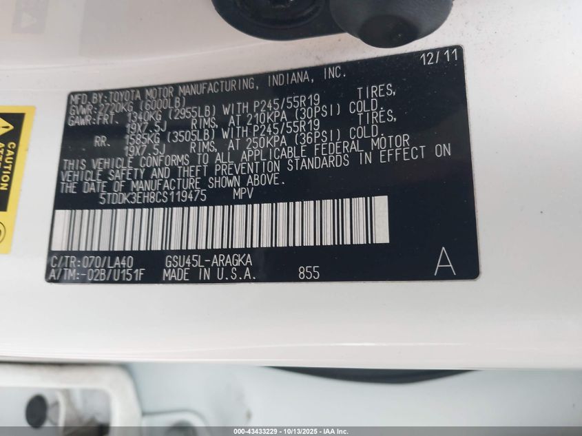 2012 Toyota Highlander Limited V6 VIN: 5TDDK3EH8CS119475 Lot: 43433229