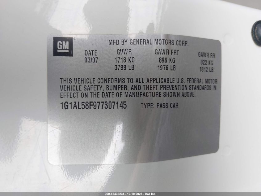 2007 Chevrolet Cobalt Lt VIN: 1G1AL58F977307145 Lot: 43433234