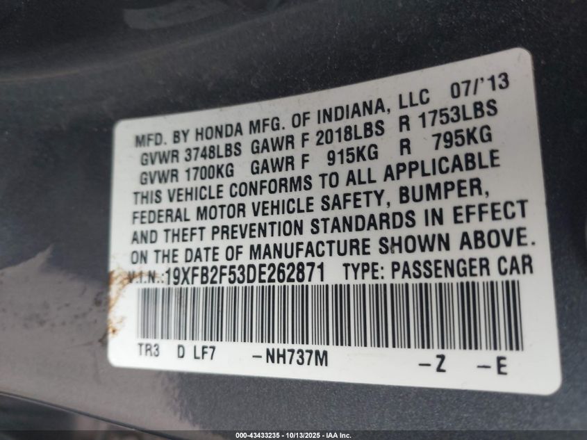 2013 Honda Civic Lx VIN: 19XFB2F53DE262871 Lot: 43433235