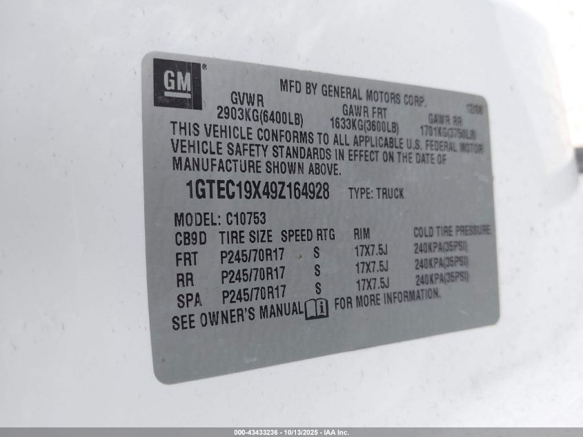 2009 GMC Sierra 1500 Work Truck VIN: 1GTEC19X49Z164928 Lot: 43433236