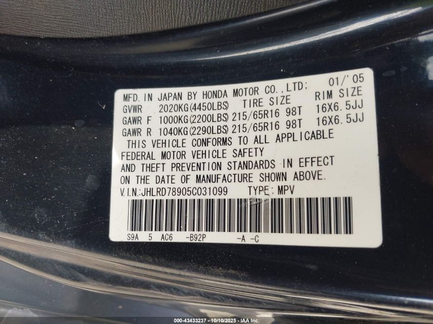 2005 Honda Cr-V Se VIN: JHLRD78905C031099 Lot: 43433237