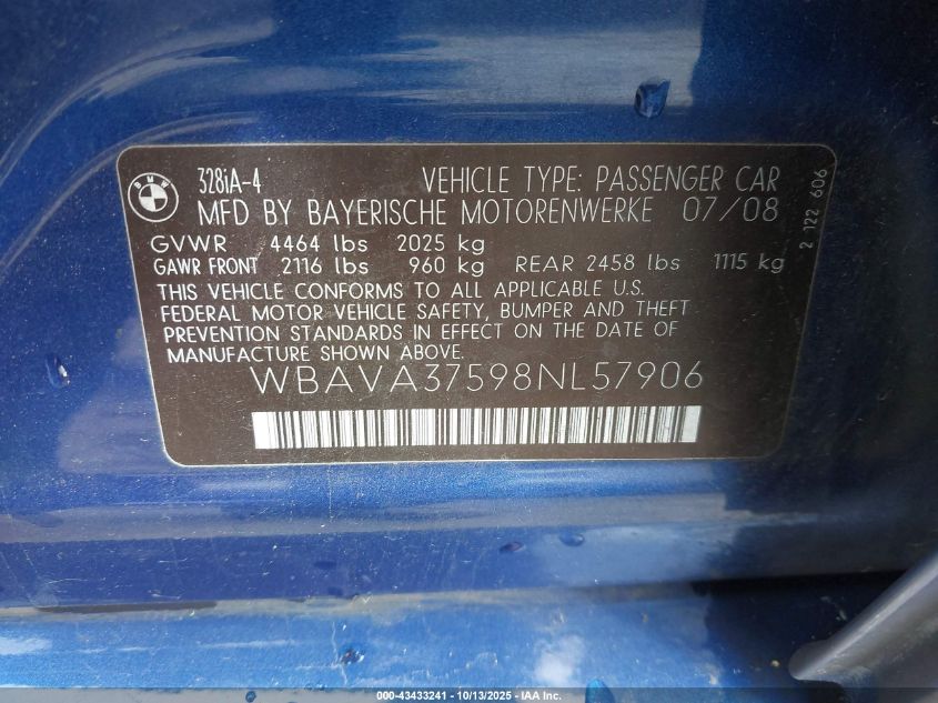 2008 BMW 328I VIN: WBAVA37598NL57906 Lot: 43433241