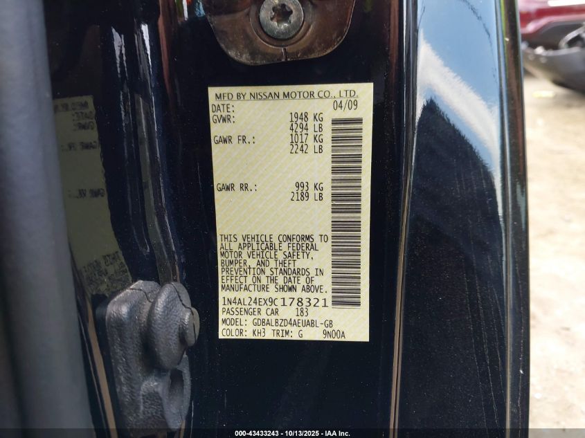 2009 Nissan Altima 2.5 S VIN: 1N4AL24EX9C178321 Lot: 43433243