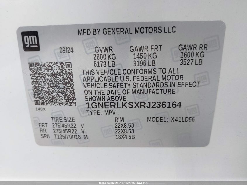 2024 Chevrolet Traverse Fwd Rs VIN: 1GNERLKSXRJ236164 Lot: 43433269