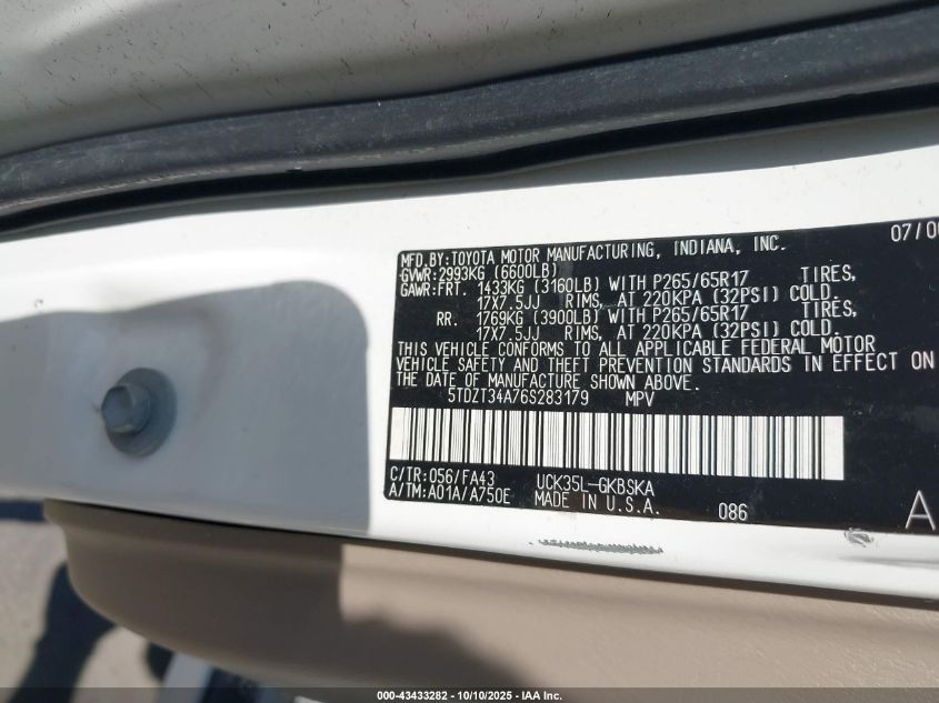 2006 Toyota Sequoia Sr5 V8 VIN: 5TDZT34A76S283179 Lot: 43433282
