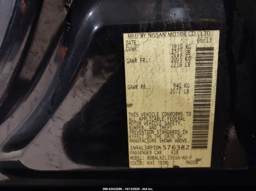 2013 Nissan Altima 2.5 Sl VIN: 1N4AL3AP3DN576382 Lot: 43433296