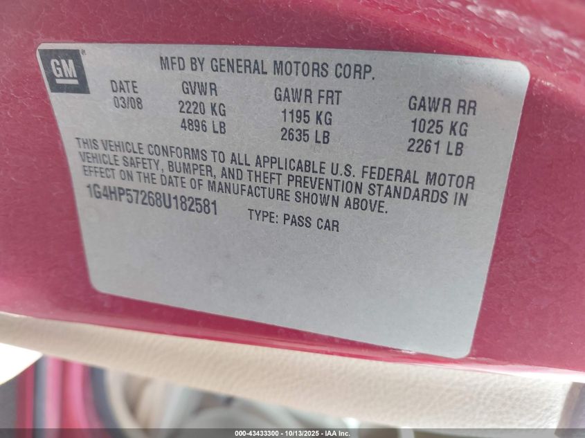 2008 Buick Lucerne Cx VIN: 1G4HP57268U182581 Lot: 43433300