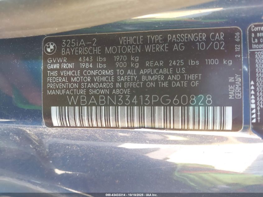 2003 BMW 325Ci VIN: WBABN33413PG60828 Lot: 43433314