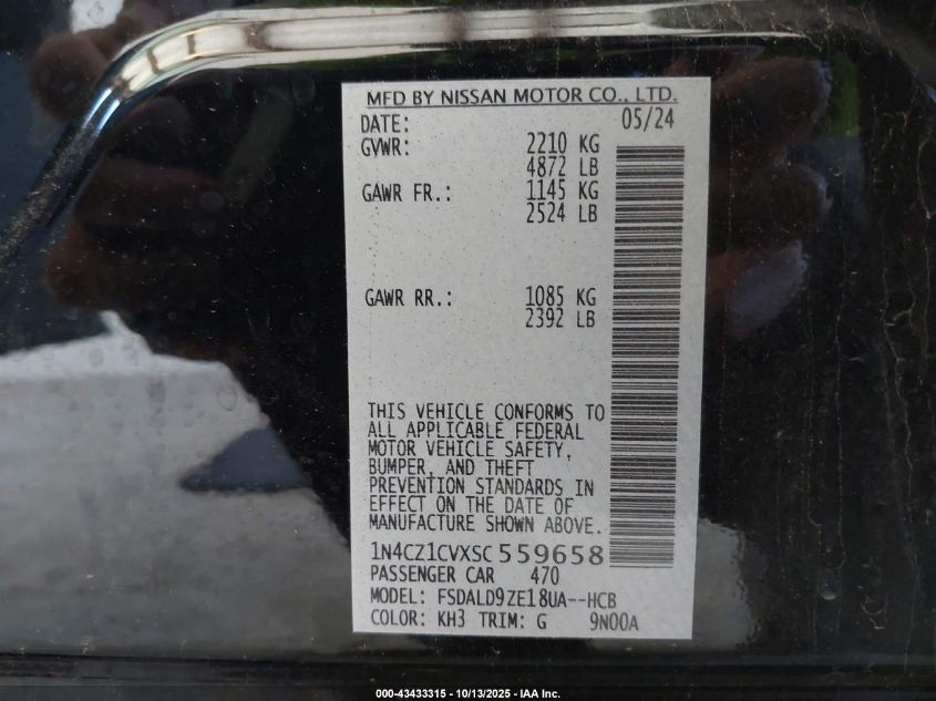 2025 Nissan Leaf Sv Plus VIN: 1N4CZ1CVXSC559658 Lot: 43433315