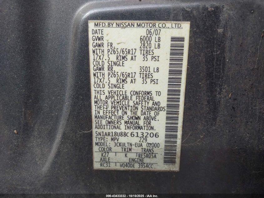 2008 Nissan Pathfinder Se VIN: 5N1AR18U88C613206 Lot: 43433332