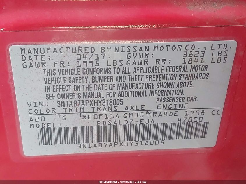 2017 Nissan Sentra Sv VIN: 3N1AB7APXHY318005 Lot: 43433361