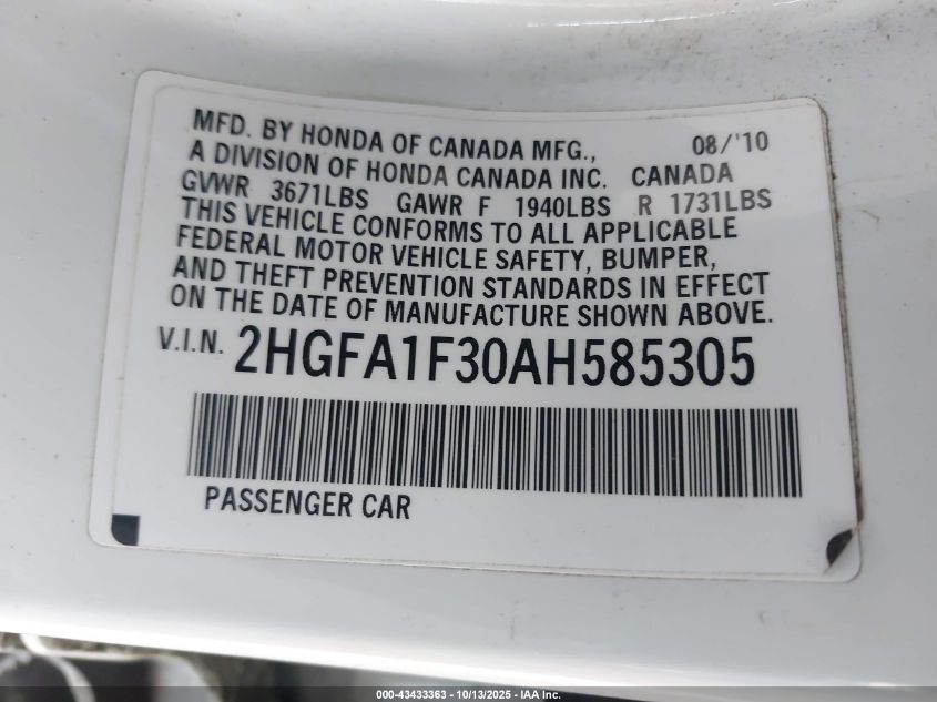 2010 Honda Civic Vp VIN: 2HGFA1F30AH585305 Lot: 43433363