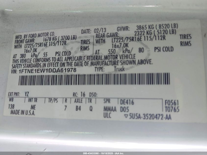 2013 Ford E-150 Commercial VIN: 1FTNE1EW1DDA61978 Lot: 43433368