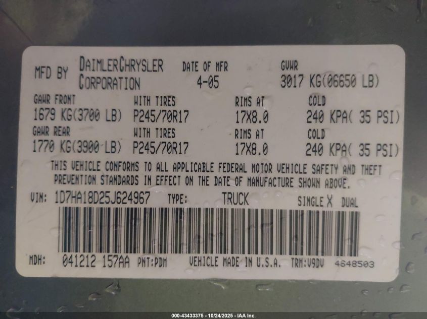 2005 Dodge Ram 1500 Slt/Laramie VIN: 1D7HA18D25J624967 Lot: 43433375