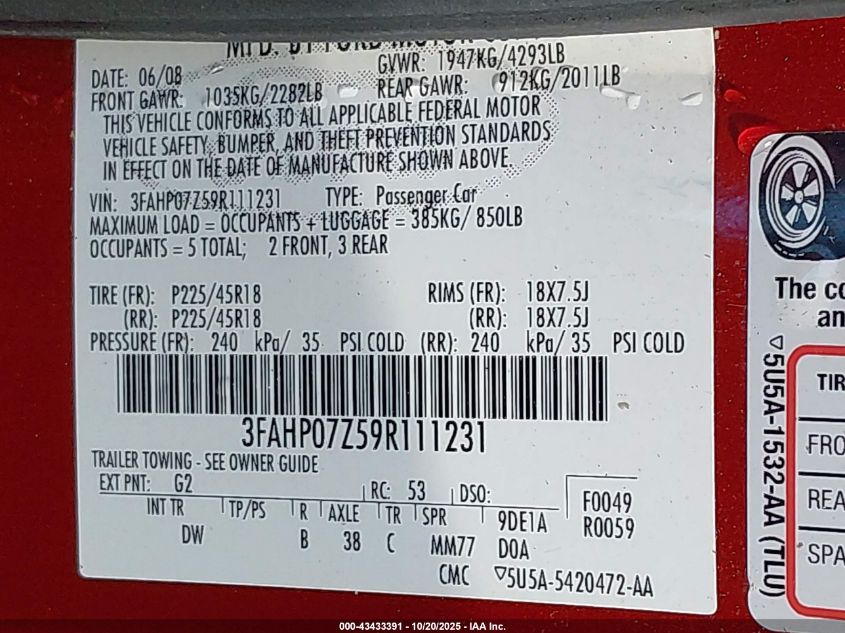 2009 Ford Fusion Se VIN: 3FAHP07Z59R111231 Lot: 43433391