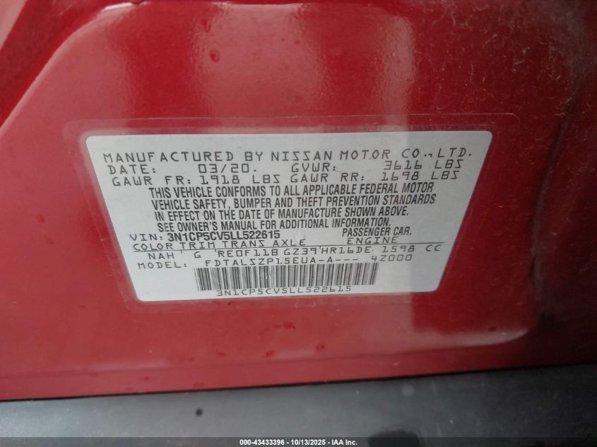 2020 Nissan Kicks Sv Xtronic Cvt VIN: 3N1CP5CV5LL522615 Lot: 43433396