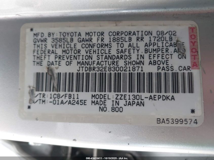 2003 Toyota Corolla Ce VIN: JTDBR32E830021871 Lot: 43433411