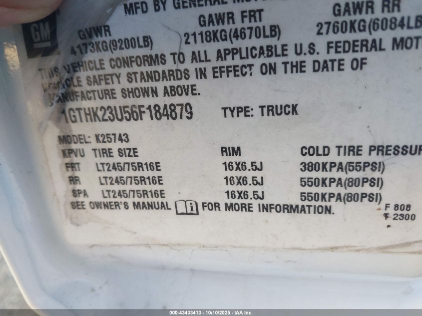 2006 GMC Sierra 2500Hd Slt VIN: 1GTHK23U56F184879 Lot: 43433413
