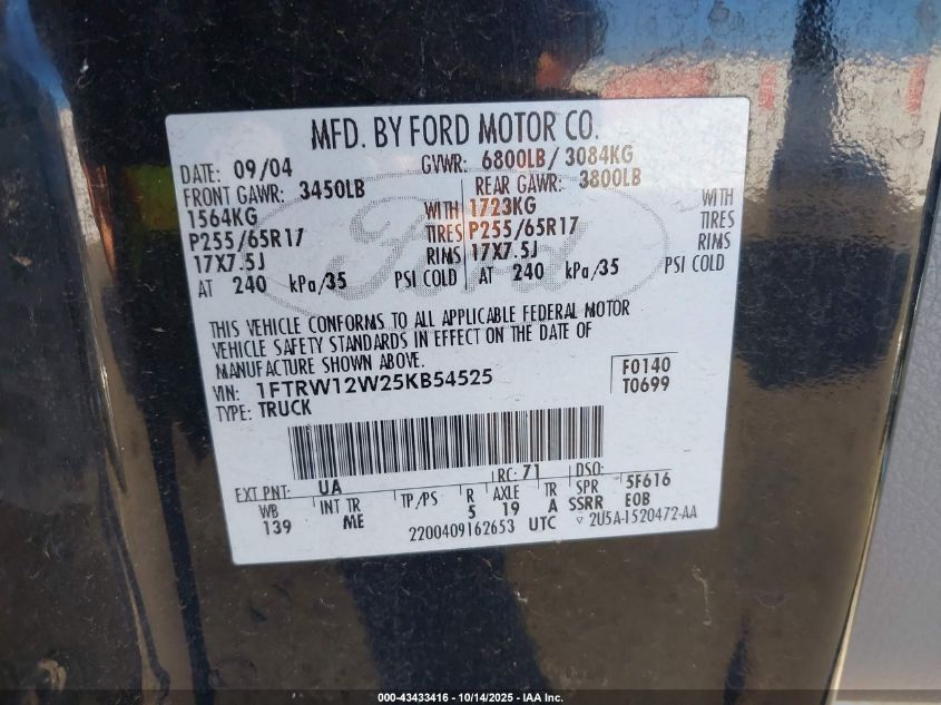 2005 Ford F-150 Xlt VIN: 1FTRW12W25KB54525 Lot: 43433416