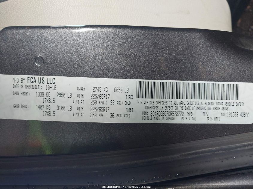 2019 Dodge Grand Caravan Se VIN: 2C4RDGBG7KR572772 Lot: 43433418