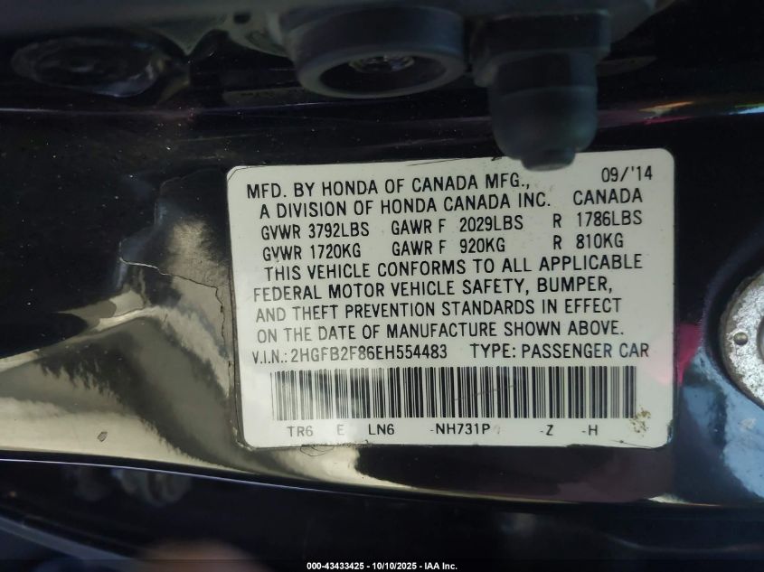 2014 Honda Civic Ex VIN: 2HGFB2F86EH554483 Lot: 43433425
