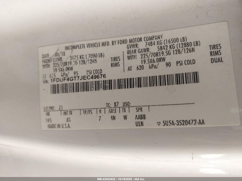 2018 Ford F-450 Chassis Xl VIN: 1FDUF4GT7JEC49676 Lot: 43433432