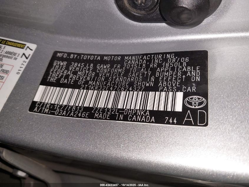 2007 Toyota Matrix Xr VIN: 2T1KR32E47C624327 Lot: 43433457