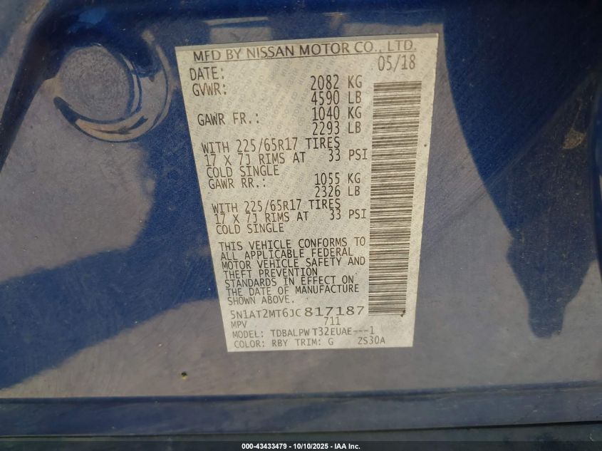 2018 Nissan Rogue S VIN: 5N1AT2MT6JC817187 Lot: 43433479