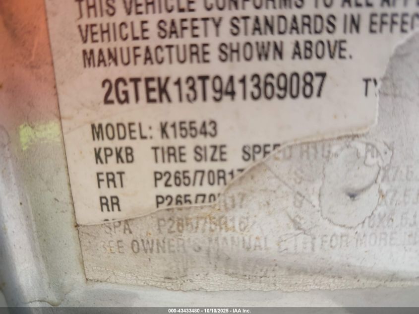 2004 GMC Sierra 1500 Sle VIN: 2GTEK13T941369087 Lot: 43433480