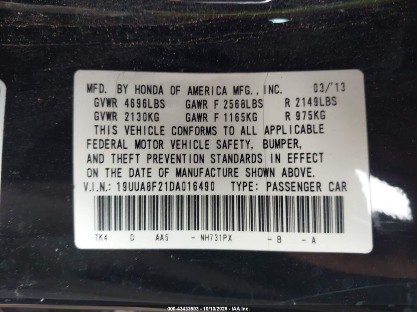 2013 Acura Tl 3.5 VIN: 19UUA8F21DA016490 Lot: 43433503