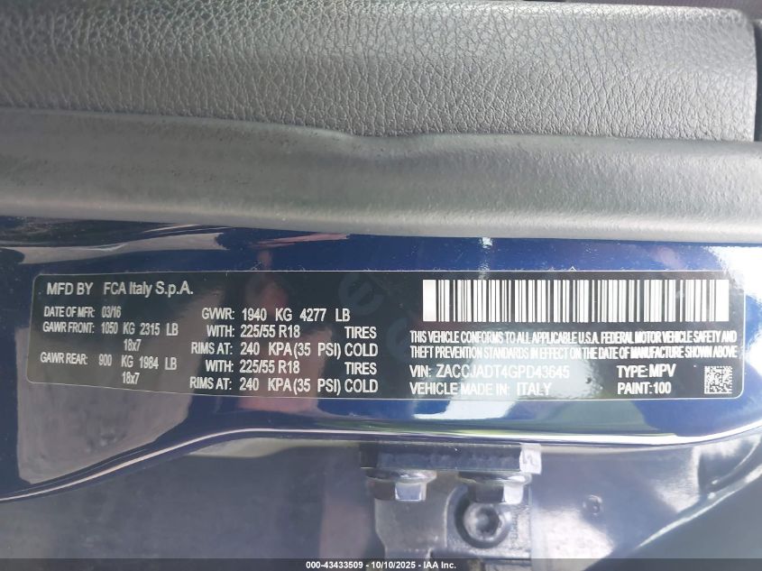 2016 Jeep Renegade Limited VIN: ZACCJADT4GPD43645 Lot: 43433509