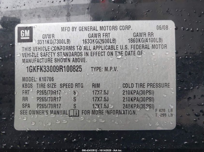 2009 GMC Yukon Slt1 VIN: 1GKFK33009R100825 Lot: 43433512