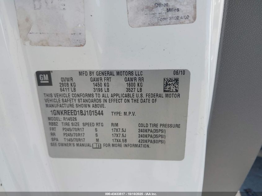 2011 Chevrolet Traverse Ls VIN: 1GNKREED1BJ101544 Lot: 43433517