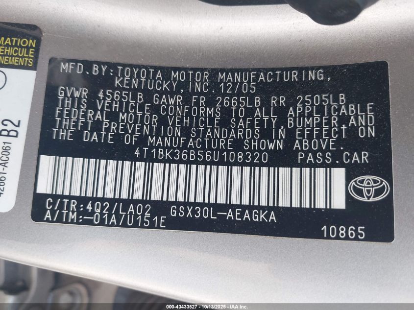 2006 Toyota Avalon Xls VIN: 4T1BK36B56U108320 Lot: 43433527