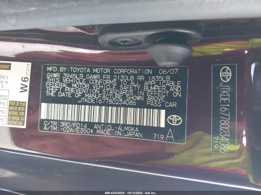 2008 Scion Tc VIN: JTKDE167780234068 Lot: 43433529