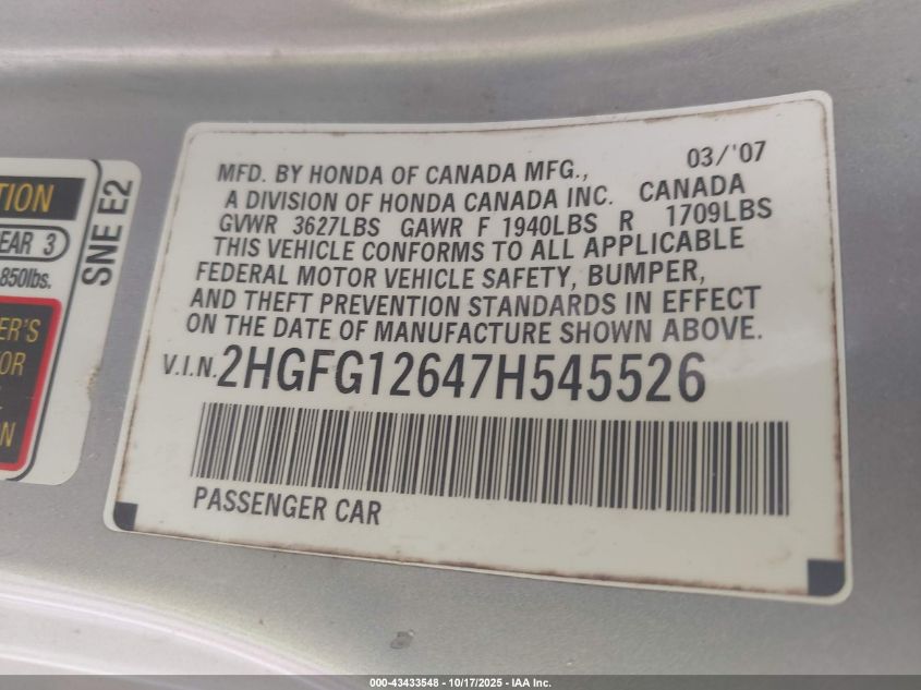 2007 Honda Civic Lx VIN: 2HGFG12647H545526 Lot: 43433548