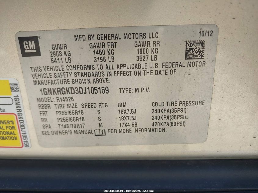 2013 Chevrolet Traverse 1Lt VIN: 1GNKRGKD3DJ105159 Lot: 43433549