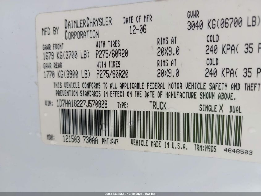 2007 Dodge Ram 1500 Slt VIN: 1D7HA18227J570829 Lot: 43433555