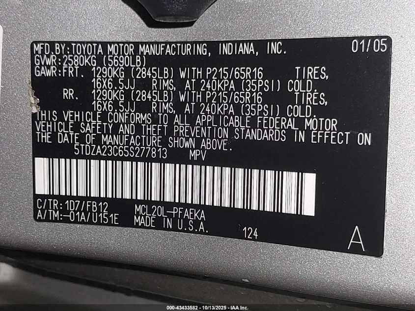 2005 Toyota Sienna Le VIN: 5TDZA23C65S277813 Lot: 43433582