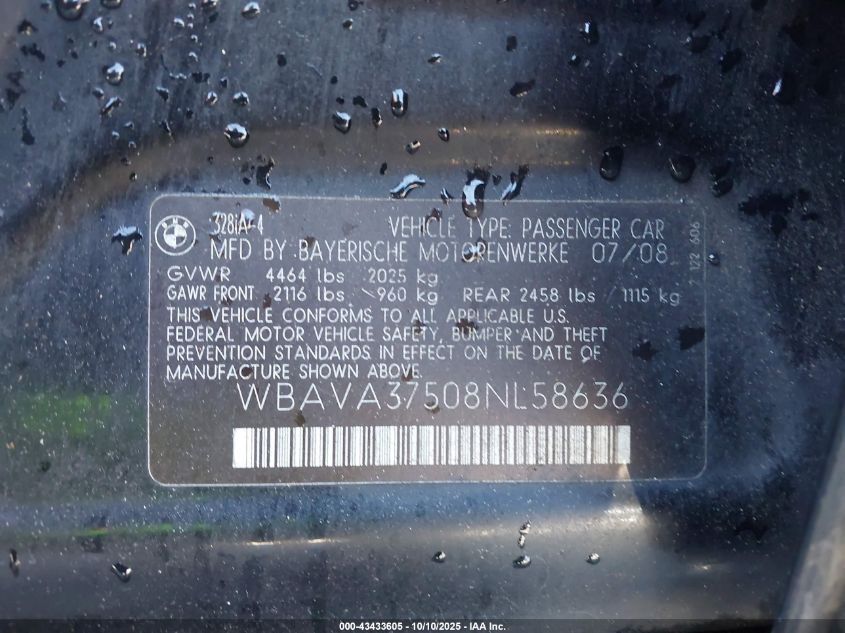 2008 BMW 328I VIN: WBAVA37508NL58636 Lot: 43433605