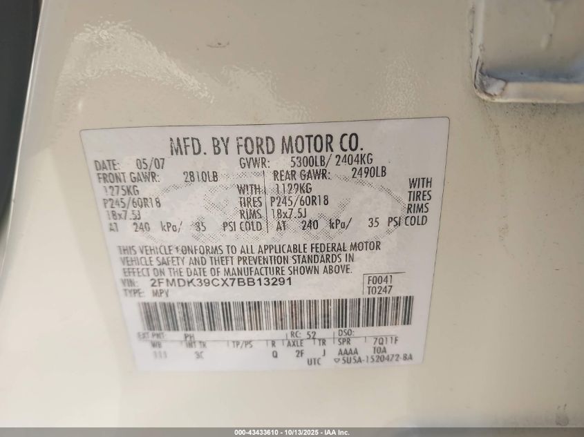 2007 Ford Edge Sel Plus VIN: 2FMDK39CX7BB13291 Lot: 43433610