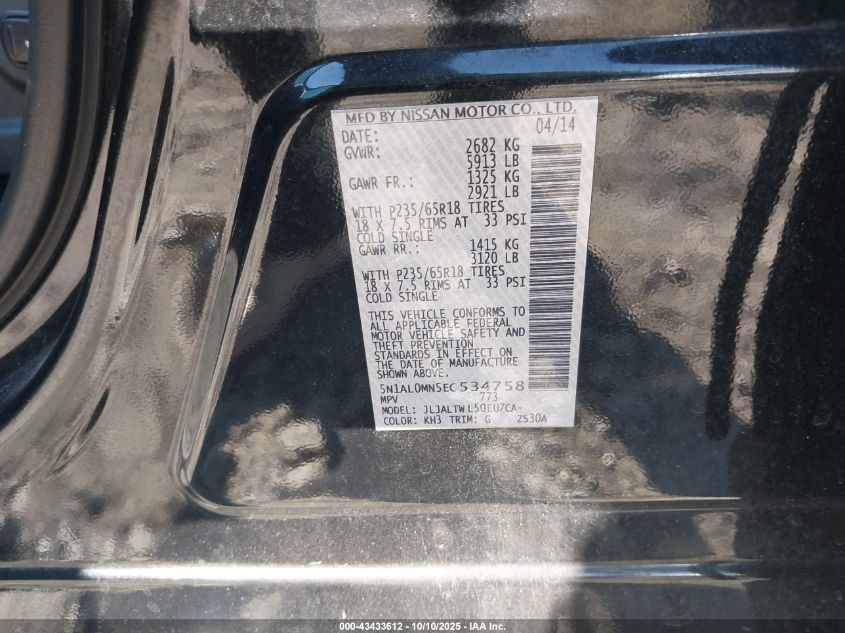 2014 Infiniti Qx60 VIN: 5N1AL0MN5EC534758 Lot: 43433612